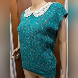Knitted Short Sleeve Marbled Sweater with Lace Collar Small